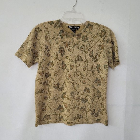 Nina Leonard Sweater Women‎ M Short Sleeve Floral Leaf Metallic Shoulder Pad - Picture 1 of 10